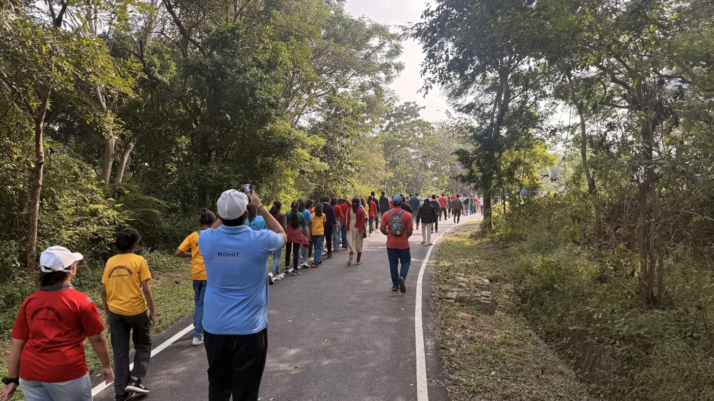 Students walking along a tree-lined trail